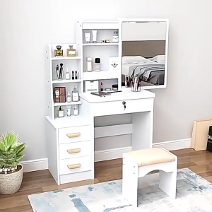 LULU Bedroom Dressing Table With Sliding Mirror Lighted Makeup Vanity Small Space Storage Dressing Desk Modern Minimalist Cosmetic Table With Storage Drawers For Small Apartment Bedroom