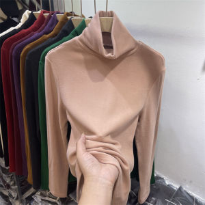 เสื้อยืดคอกลมแขนยาวผู้หญิง ผ้าเดนิมสองหน้า ทรงเข้ารูป ทรงเกาหลี แฟชั่นฤดูใบไม้ร่วงและฤดูหนาว เสื้อชั้นในหนา อบอุ่น