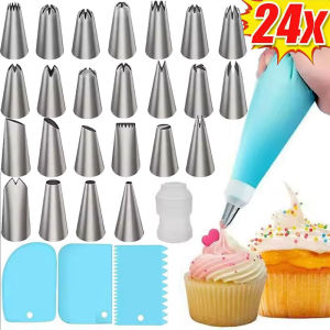 24 Pcs Piping Tips Set with EVA Reusable Pastry Bag & Cake Scraper Cake Decorating Kit for Baking Cupcakes Buttercream