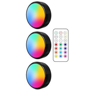 Đèn LED RGB Puck Đèn Ngủ Điều Khiển Từ Xa Không Dây Có Thể Điều Chỉnh Độ Sáng Dưới Tủ Chiếu Sáng Đèn Đẩy Hoạt Động Bằng Pin Cho Tủ Bếp