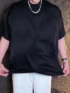 Trendy Pure Black Collar Patchwork Short Sleeve Mens Top Summer New Casual High-End Large Size Mens Wear Straight Hemline