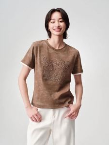 EP YAYING | Elastic Cotton Embroidered Dye Short Sleeve T-Shirt for Women