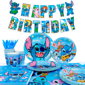 Stitch Birthday Party Tableware Set 114 ชิ้น Stitch Party Tableware-ผ้าปูโต๊ะแบนเนอร์แผ่นผ้าเช็ดปากฯลฯ Stitch Party ตกแต่ง