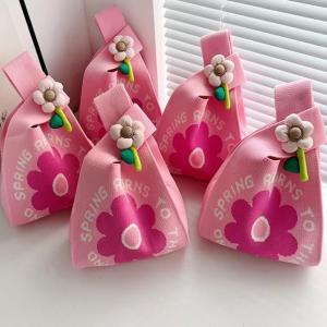 Sweet Fresh Style Knitted Flower Handbag Womens Day Gift Bag Tote Bag Soft Foldable Vertical Square Shape Fabric Material