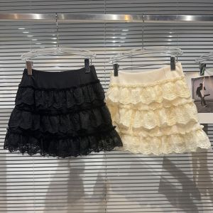Sweet Style Mini Cake Skirt A-Line Short Skirts Mesh Lace Design Little Fragrance Style mid Waist Pure Color Spring Summer