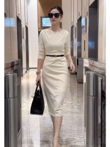 Elegant White Long Dress Ladylike Atmosphere Goddess Style High Waist A-Line Skirt Korean Version Polyester Fiber Fall Season