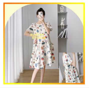 ชุดคลุมท้องมีสายผูกหลังแขนสั้น เดรสคนท้องลายน่ารักใส่สบาย เดรสคอกลมลายพิมพ์ผ้าฝ้ายราคาถูกมีราคาส่ง