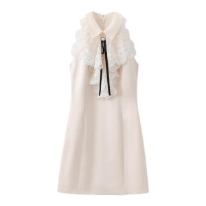 Elegant A-Line Mini Dress in Apricot with Hanging Neck Design Sleeveless High Waist Polyester Knitted Summer Dress for Women