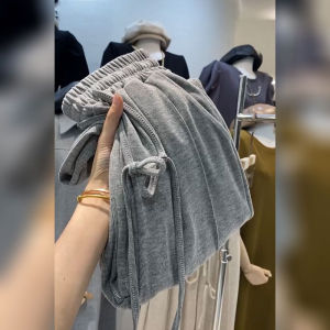 High Waist Wide Leg Casual Loose Womens Sweatpants Soft Belted Drawstring Drapey Straight Leg Pants Grey Face Mask Pants