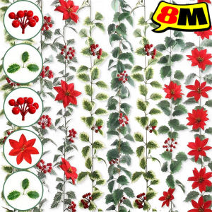 เถาเทียมใบคริสต์มาสหวายเบอรี่เทียมยาว2เมตรพร้อมเบอร์รี่แดงเครื่องปรับอากาศจัดงานวันเกิด