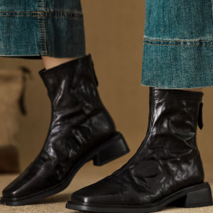 รองเท้าบูทหนังแท้สีแดงดำสีน้ำตาลสำหรับผู้หญิง รองเท้าบูทแฟชั่นแบบสวมหัวโค้ง ส้นสูงปานกลาง ทรงหัวเหลี่ยม รองเท้าบูทหนังแท้