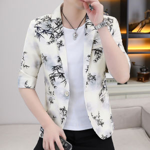 Chinese Style Small Suit Outwear Mens K-style Silm 3/4 Sleeve Trendy Casual High Quality Floral Print Mid-Length Sleeves Single Suit