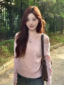 HUOLISI | Pink Irregular Off-Shoulder Sweater