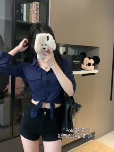 Ready Stock womens Korean white shirt lapel long sleeves high waist slim Solid short shirt top Blouse W477