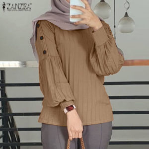 Esolo ZANZEA Muslimah Women Muslim Round Neck Long Puff Sleeve Blouse Casual Loose Kaftan Tops MLS