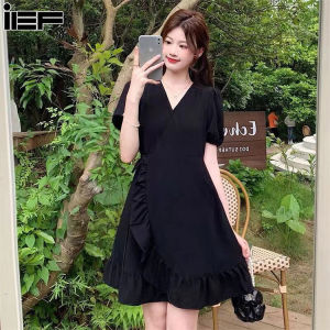 IEF Đầm cổ chữ V tay phồng màu đen phong cách Hàn Quốc ngọt ngào mới cho nữ