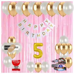 Paket Set Dekorasi Pesta Ulang Tahun Anak Balon Gold Putih Banner Hitam Free Topi Lingkar Dan Lem
