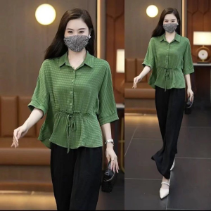 Fashionable Loose Fit Bat Sleeve Shirt for Women Summer 2024 New Style Slimming Waistband Short Sleeve Work Clothing