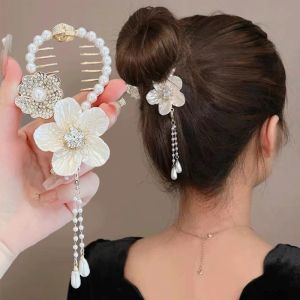 Hot sale 🔥 2023 Camellia Pearl Tassel Ponytail Clips Rhinestone Korean Hair pins for Women Girl Dish Hair Accessories