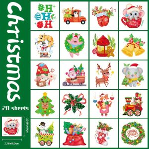 20 Sheets Glitter Christmas Temporary Tattoo Stickers For Women Hand Face Tattoo Santa Claus Christmas Tree Elk Flash Tattoos