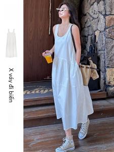 Váy Vest Không Tay Màu Trắng Mùa Hè 2025 Mới Cho Nữ Đi Biển Váy Dài Phong Cách Pháp Cao Cấp Có Dây Đeo Cổ Tròn Dáng Chữ a