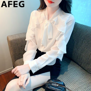 AFEG solid color Korean version V-neck bow ruffled fashion loose temperament chiffon long-sleeved blouse for women