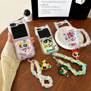 Cute Cartoon Police Womens Cat Ears Phone Case for Samsung ZFlip7/ZFlip6/5/ZFlip4 Protective Soft Shell Anti-Fall Couple Style with Hand Rope