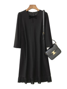 Slim Fit round Neck Butterfly Knot Seven Sleeve Dress Gored Hem A-Line Skirt Street Style Autumn Single Piece Zipper Closure