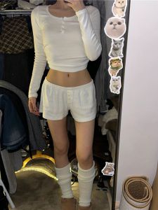 Áo Thun Dài Tay Cotton Nguyên Chất Có Nút Áo Thun Nữ Mùa Xuân Thu Hè Quần Short Co Giãn Quần Lót Bốn Góc Áo Quần Hai Mảnh