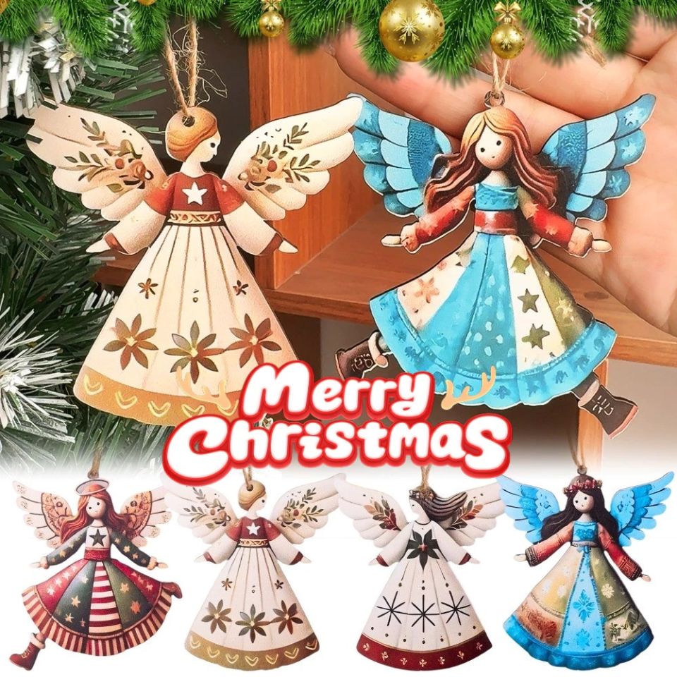 8Pcs Wooden Angel Christmas Pendant Xmas Tree Decoration Multi-style DIY Elf Angel Pendants Home Party Near Year Festival Hanging Ornament