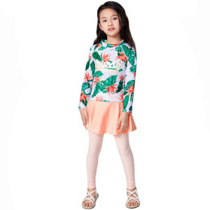 2-12 Y Girls Two Pieces Swimwear Pink with Plantain Leaf Print Children Long Sleeve Rash Guard Baby Child Sandy Beachwear Kids Swim Cap Suit Teens Surfing Suit