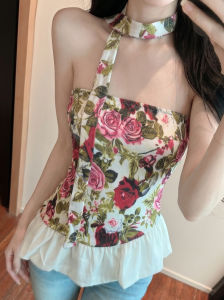 GUZILIAN | Retro Floral Strapless Halter Top