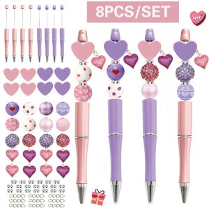 8PCS Pink Purple Love Valentines Day Theme DIY Beaded Ballpoint Pen Wood Bead and Alloy Pendant Set - Office & Study Supply