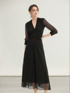 COCO BELLA | Hepburn Style Waist-cinching Black and Gold V-neck Shirt Dress