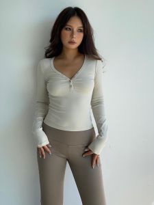 Homemade Solid Color and V-neck Half Breasted Long Sleeve T Female Early Autumn 2024 New Arrival K-style Minimalist All-Matching Slim Fit Slim Looking Base