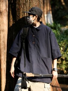 เสื้อยืดคอโปโลแขนสั้นสีน้ำเงินเข้มสไตล์ย้อนยุคสไตล์อเมริกันสำหรับผู้ชาย เสื้อแจ็คเก็ตทำงานแบบย้อนยุคสำหรับฤดูร้อน