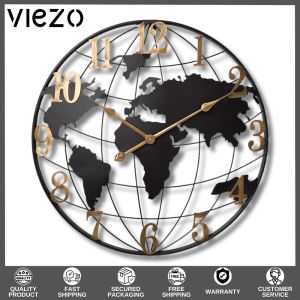 VIEZO Large Modern World Map Wall Clock 3D Black Metal Design Gold Numbers Silent Quartz Movement Home Decor Office Decor Contemporary Wall Art Oversized Clock for Living Room Bedroom Kitchen - Stylish Decorative Timepiece Gift idea Interior