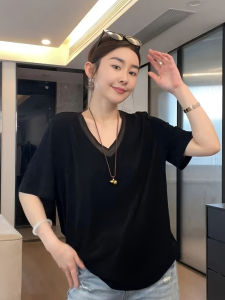 plus Size Womens V-Neck Short Sleeve T-Shirt Acetate Black Loose Slimming Base Shirt Summer Commute Korean Style Top
