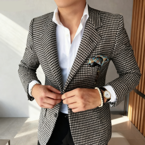 Check Men Blazer for Wedding/Business Party Plaid Notch Lapel Single Breasted Houndstooth Suit Jacket Male Fashion 1 Pcs Coat
