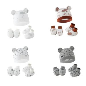 Newborn Baby Hat Anti Scratch Gloves and Socks Set Cotton Headwear Anti-grab Mittens and Foot Cover for Boys Girls
