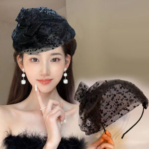 Elegant Half-Hat Hairband Retro Polka Dot Beret Hat Netting Butterfly Knot Fashionable Hair Accessory for Women