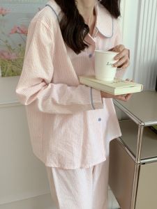 South Korea Ins Minimalist Contrast Color Stripes Pure Cotton Pajamas Female Spring and Autumn Long Sleeves Student Cute Doll Collar Homewear