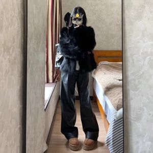 กางเกงหนัง PU ทรงตรงสีดำ ทรงหลวม กางเกงขายาวเอวสูงสำหรับผู้หญิง ทรงยาวถึงพื้น สไตล์เกาหลี ฤดูใบไม้ร่วง 2024