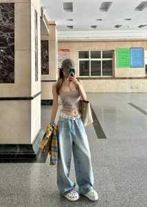 Quần Jeans Ống Rộng Dài Cạp Cao Phong Cách Retro Mỹ Cho Nữ Quần Jeans Denim Ôm Dáng Thường Ngày Có Lỗ Hở Mùa Hè