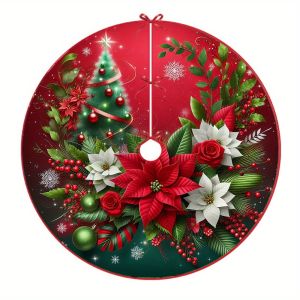VIKAMA Holly Leaf Flowers Luxurious Christmas Tree Skirt Suitable For Indoor Festive Parties Washable Reusable Home Decor