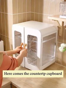 2/3Layers Large Kitchen Cabinet Metal Dish Rack with Cover Dust-proof Insect-proof Dish Rack with Drainer Countertop Plate Organizer Storage Kitchenware Multipurpose Racks