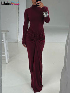 Weird Puss Hipster Ruched Dress Women o-NeckFull Sleeve  Skinny Stretch Robe Autumn Trend Simple Classic Pleats Long Bodycon