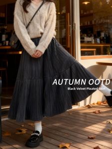 YAYANGREN | New Autumn and Winter 2025 Gray Pleated A-Line Midi Skirt for Petite Figures