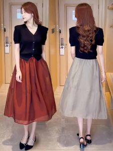 Black Irregular Slit V-neck Ice Silk Knitwear Short Sleeve Female 2024 New Arrival Summer Silm Short Cardigan Tops