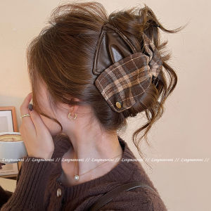 Trendy Womens Plaid Leather Triangle Hair Claw Large Back of Head Bun Shark Clamp Hair Clip Stylish Hair Accessory